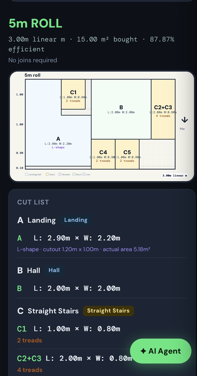 CarpetCutPro real cut planner output showing a 5m roll, cut list and stairs